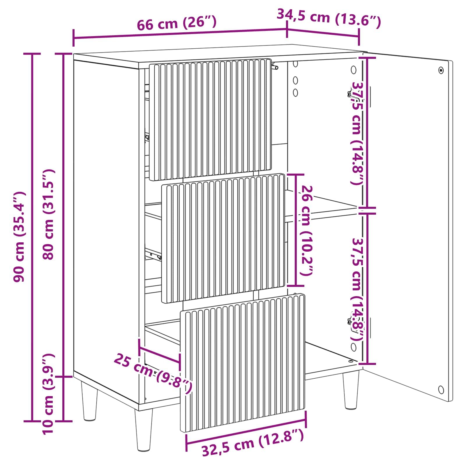 Credenza nera, 66 x 34,5 x 90 cm, in legno, con 3 cassetti e porta basculante a 90°, per soggiorno, sala da pranzo, corridoio, ufficio