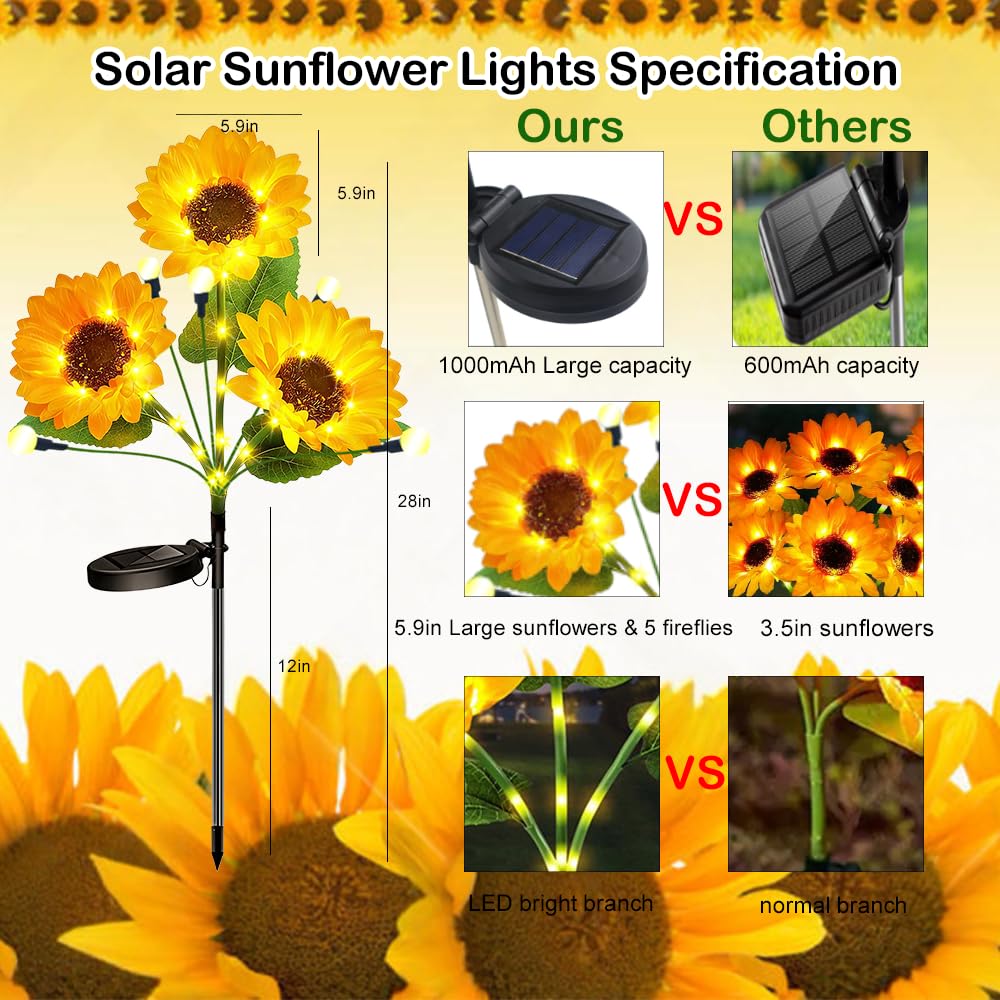 Luci solari da giardino a forma di girasole, confezione da 4 pali decorativi per esterni, con luci a LED a forma di lucciola, impermeabili, per cortile, prato, patio