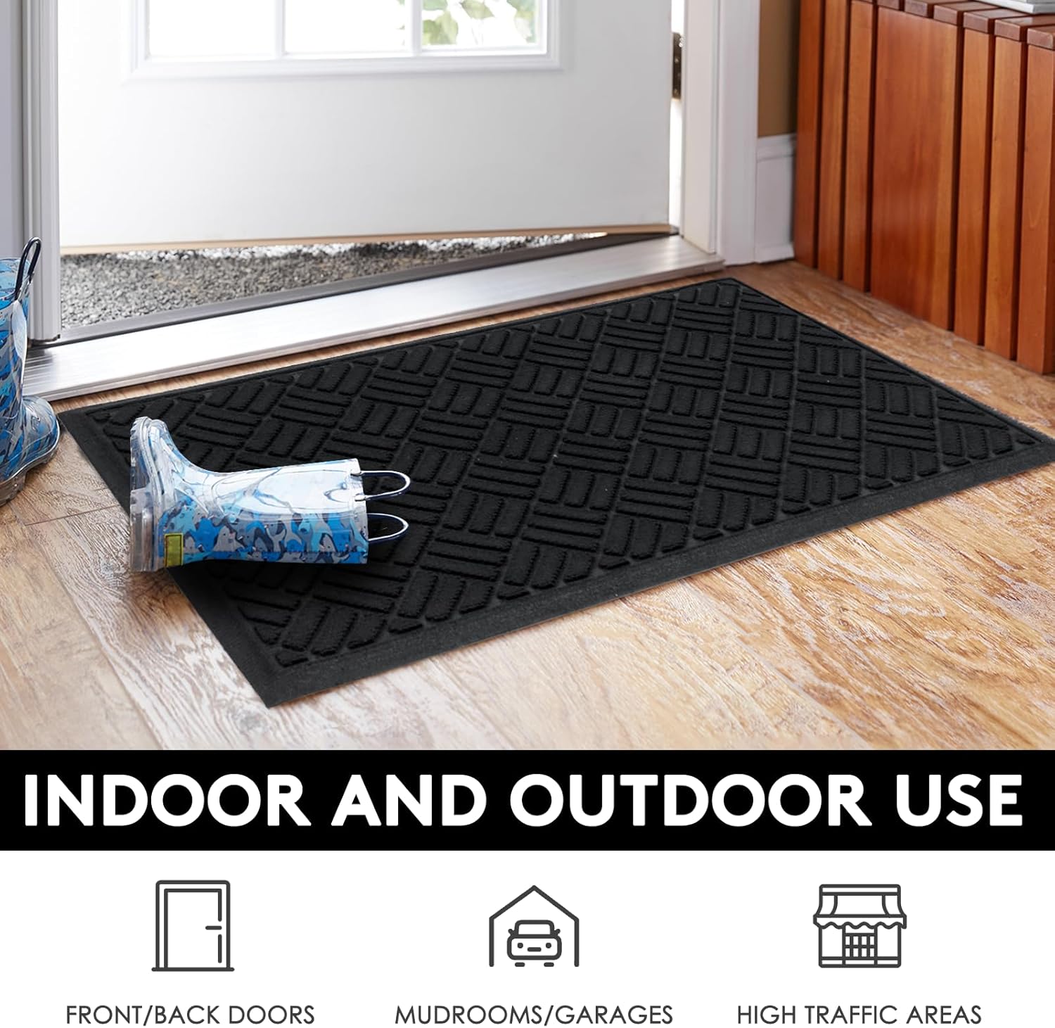 MATALL Front Door Mat 2 Pack Indoor and Outdoor Welcome Mat, Absorbent and Drain Away Water Heavy Duty Entryway Doormat for Front Back Doors, Laundry Rooms, Mudrooms and More, 29.5x17.5IN(Black)
