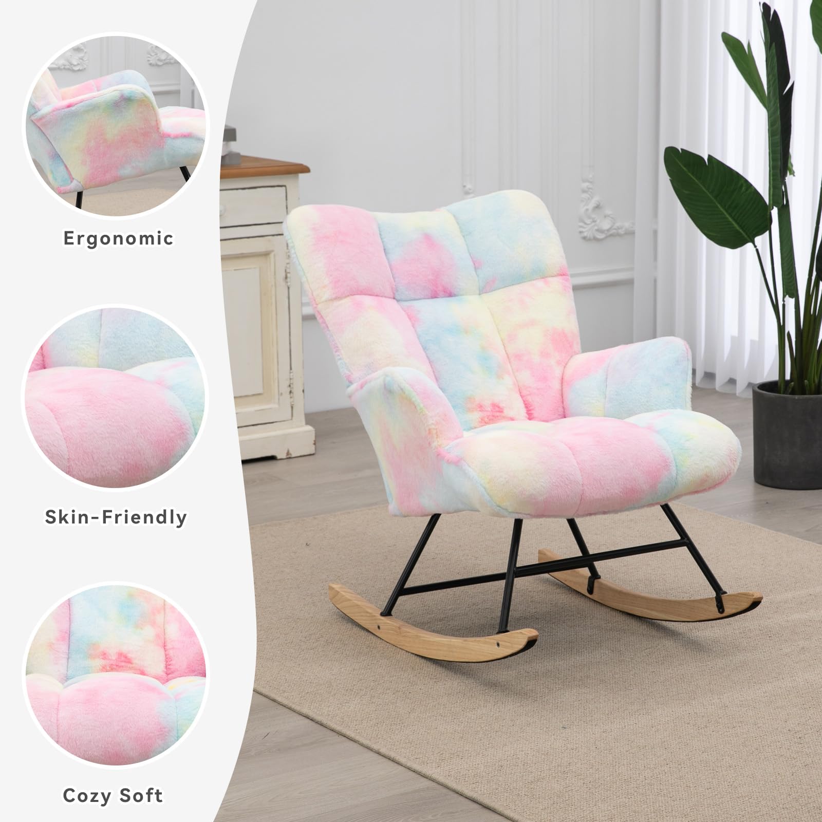 Aunekiv Rocking Chair for Nursery Teddy Upholstered Glider Nursing Chair for Adults Comfy Rocking Armchair Indoor for Living Room Bedroom,Colorful - Image 3