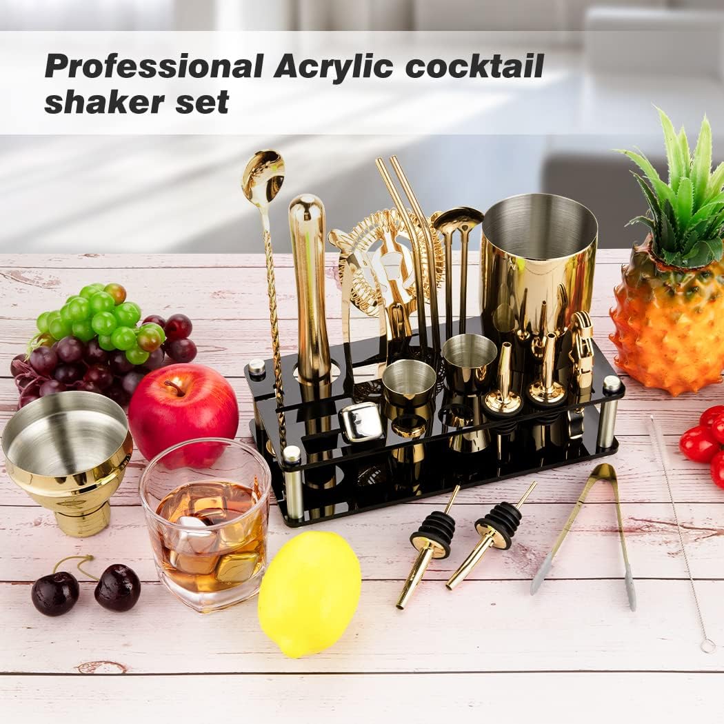 23 Piece Cocktail Shaker Set Bartender Kit with Acrylic Stand & Cocktail Recipes Booklet, Professional Bar Tools for Drink Mixing, Home, Bar, Party (Include 4 Whiskey Stones) - Gold