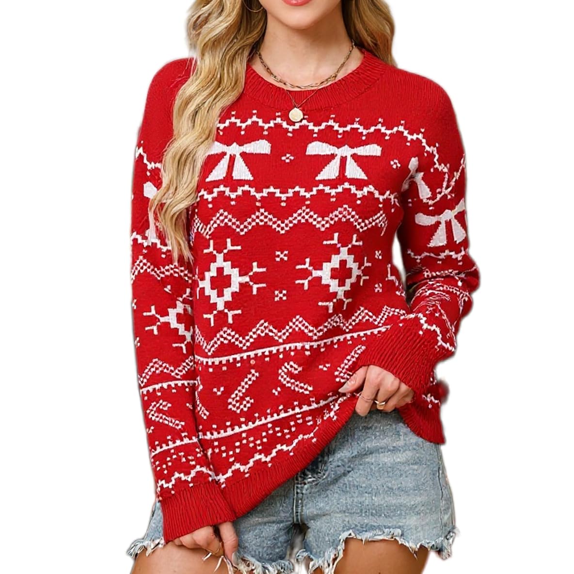 Womens Christmas Snowflake Sweater Bow Print Long Sleeve Crewneck Casual Loose Xmas Knit Pullover Top