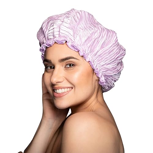 Miniatura 10 de KISMETICS - Gorro de ducha de moda, reutilizable, diseño de lazo anudado a la moda con ribete de volantes, gorro de ducha impermeable, ligero y