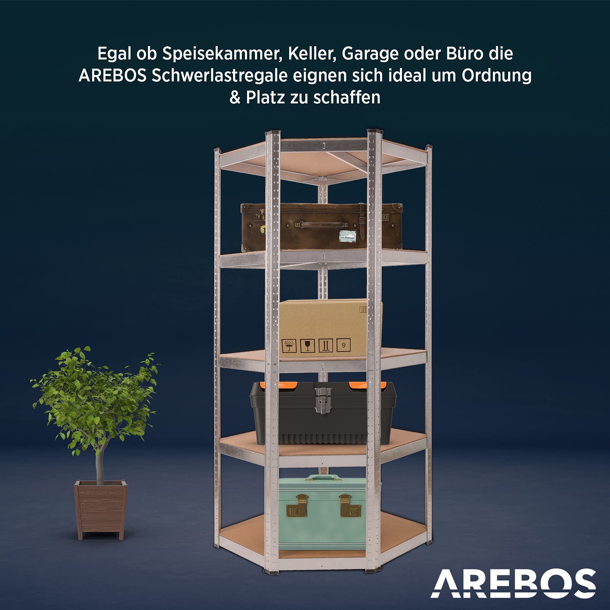 Arebos Eckregal Schwerlastregal Steckregal 875kg | Einfache Montage durch Stecksystem | 180 x 70 x 70 cm | 5 Böden aus MDF | bis zu 175 kg pro Regalboden | Verzinkt