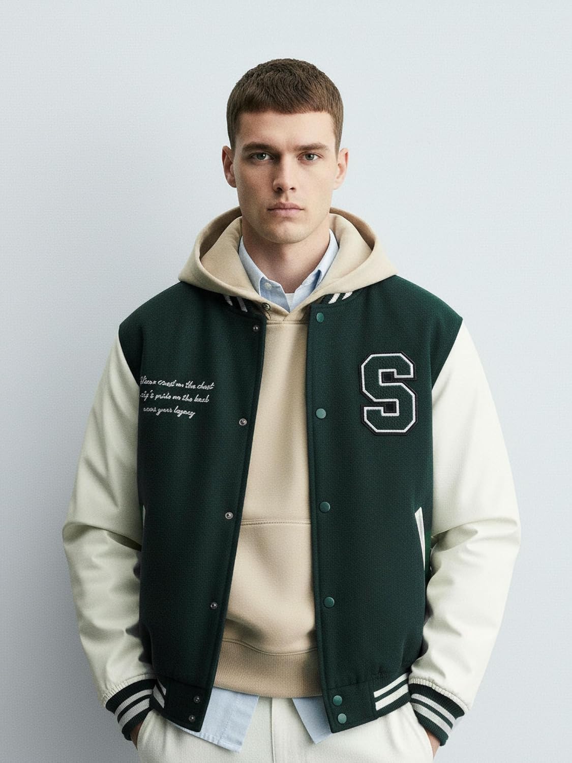 Men's Varsity Jacket, Letter Embroidery, Faux Leather Sleeves, Quilted Lining, Striped Trim