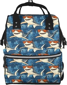 Cartoon Glasses Shark Print Diaper Bag Backpack, Toddler Baby Girl Boy Diaper Bag for Mom Dad, Mommy Bags Travel Baby Bags for Women Men
