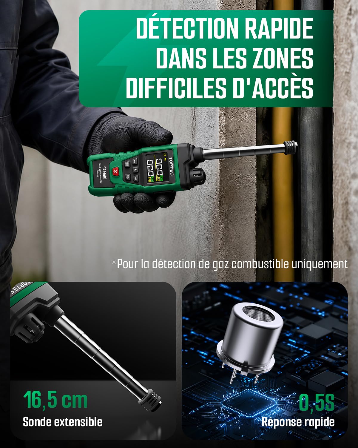TopTes S2 Multi Detecteur De Gaz & Detecteur Monoxyde Carbone Portable-GN
