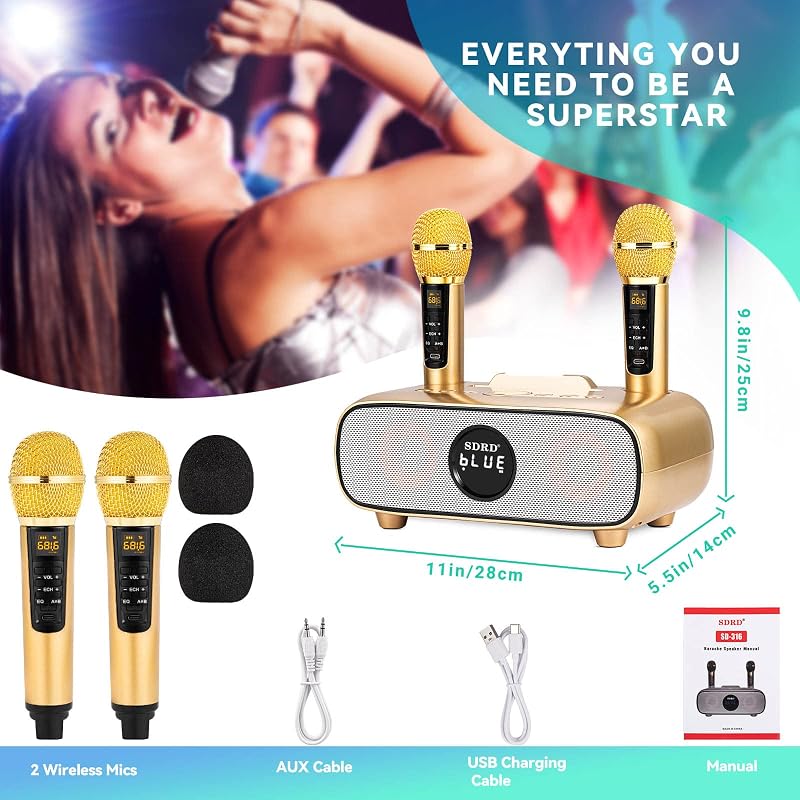 SDRD Bluetooth Karaoke Rendszer 2 Vezeték Nélküli Mikrofonnal, 200W Hordozható Hangszóró, USB/TF/AUX Bemenet, Otthoni és Kültéri Bulikhoz
