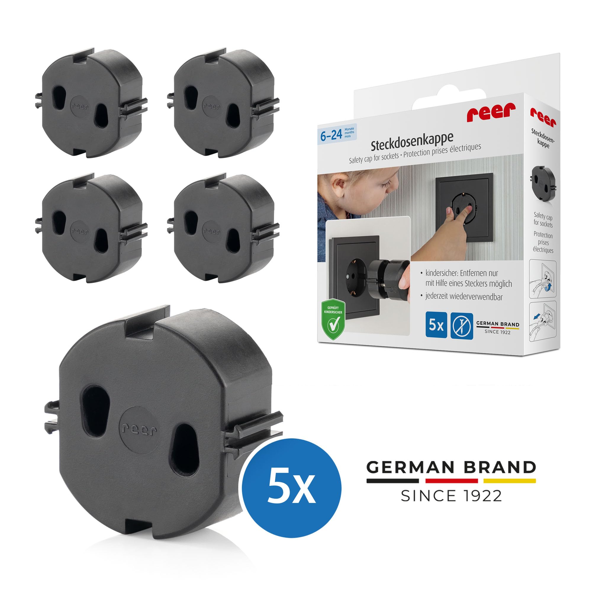 reer Steckdosenkappe, das Original vom Erfinder des Steckdosen-Schutzes, schwarz, 5 Stück