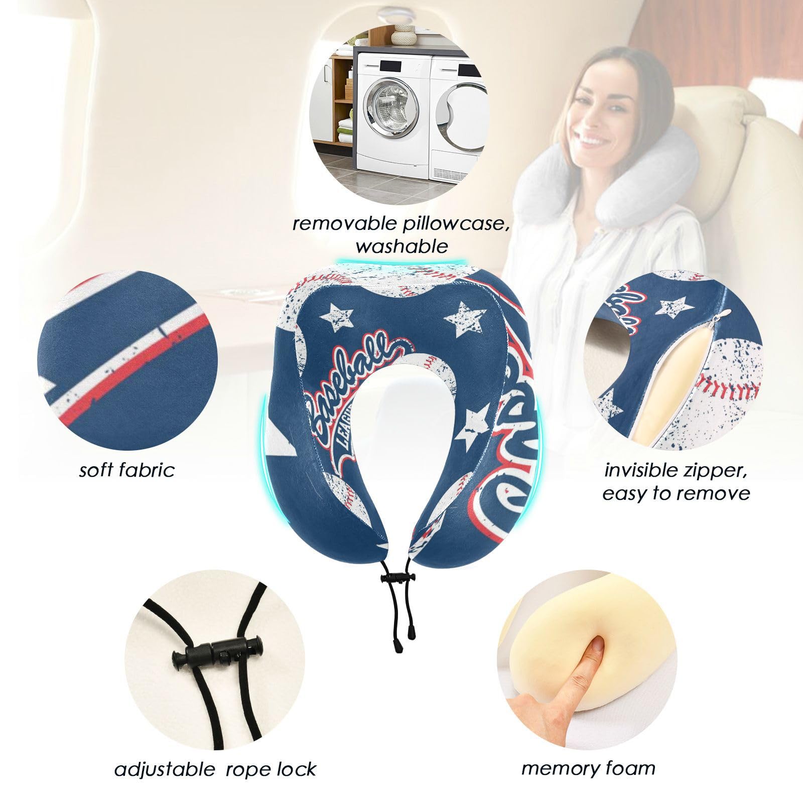 SUABO Travel Neck Pillow, Baseball Stars Memory Foam Pillow Neck Pillow for Airplane Car Home Recliner Use