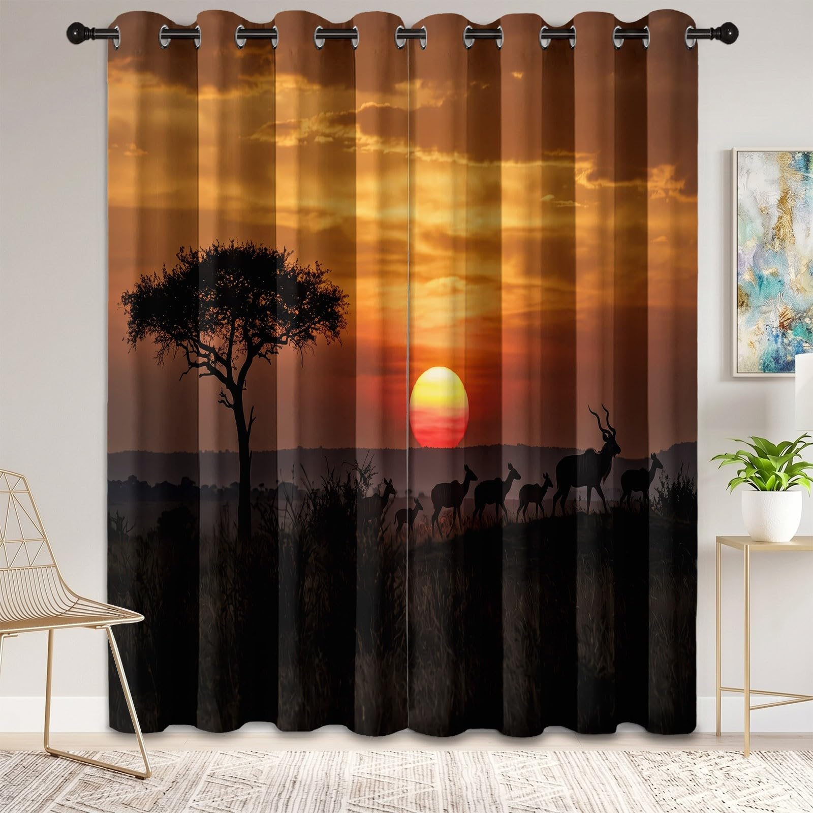 Naturlandschaft Verdunkelungsvorhänge, H245 x B100 cm Grasland Bäume Sonnenuntergang Wildtiere Antilopen Wolken Vorhänge Ösen 2er Set Schlafzimmer, Gelb Raumverdunkelung Fenstervorhänge für Wohnzimmer