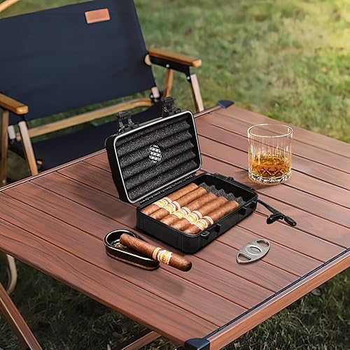 Miniatura 7 de Flauno Estuche para humidor de cigarros de viaje, caja de cigarros portátil con disco humidificador y cortador de puros, impermeable, hermética,