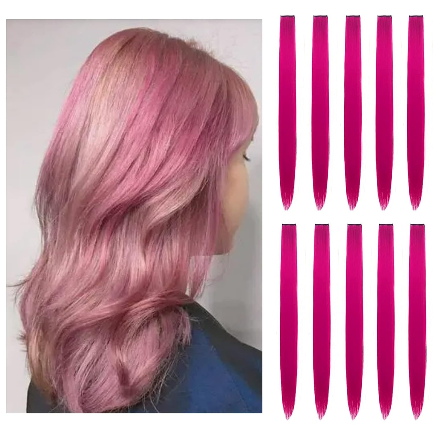 SEVENHEAD Hair Extension Clips 10pcs in Fuchsia 20 Inch Straight Hair Synthetic Fiber Hairpieces for Party