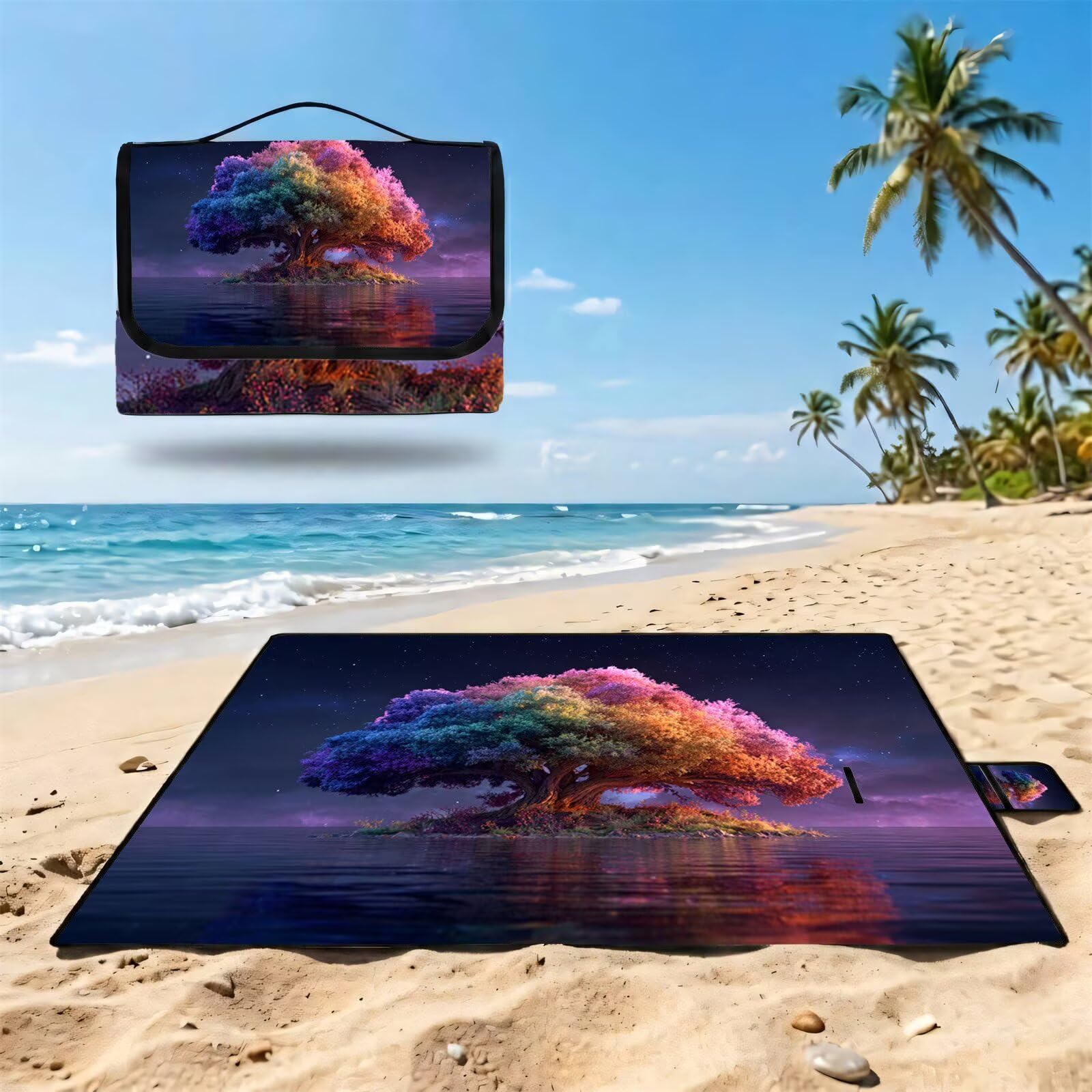 Couverture Pique Nique Grande 200x300cm,Outdoor Couverture Imperméable,Pliable Tapis de Plage Dos en PVC,Picnic Blanket pour Camping Accessoires,Jardin,Parc,Famille - Arbre de Vie,Coloré (2) UZ-540
