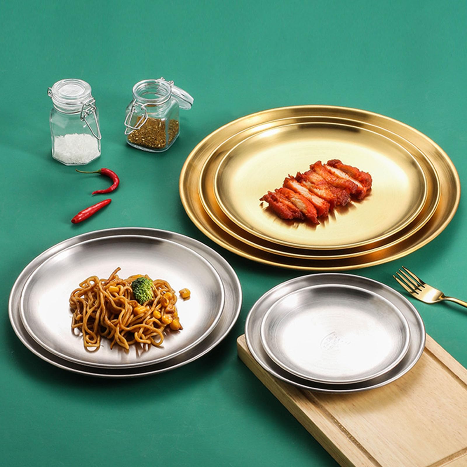Lot de 4 assiettes rondes en acier inoxydable 304 pour la maison et la cuisine