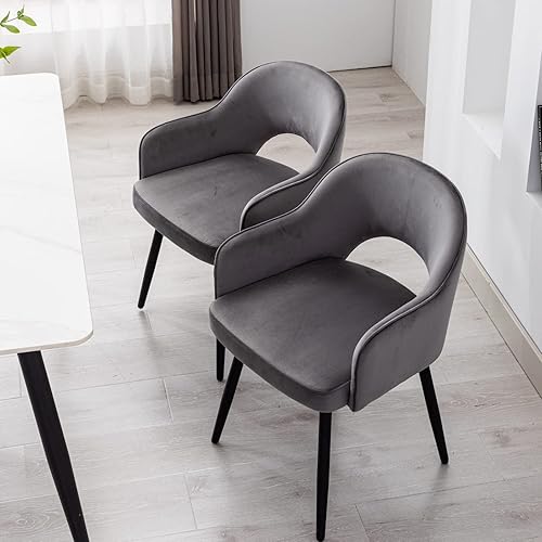 Miniatura 9 de Juego de 2 sillas de comedor giratorias modernas, cómodas sillas laterales tapizadas de tela de terciopelo con respaldo hueco, patas de metal negro