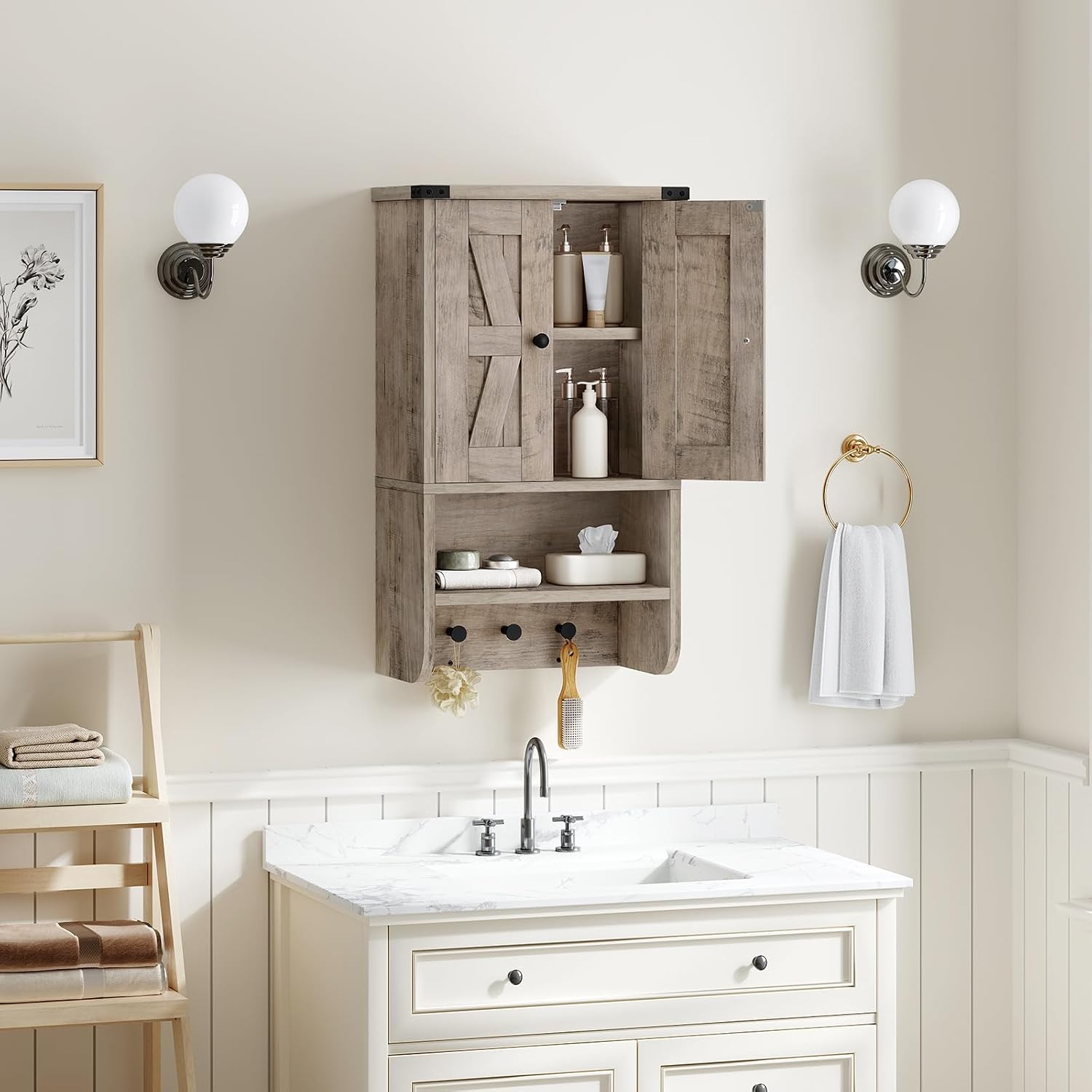 MAHANCRIS Bathroom Wall Cabinet, Farmhouse Medicine Cabinet with Adjustable Shelf, 3-Tier Wall-Mounted Storage Cabinet with 3 Hooks and Open Shelf, for Bathroom, Living Room, Kitchen, Greige