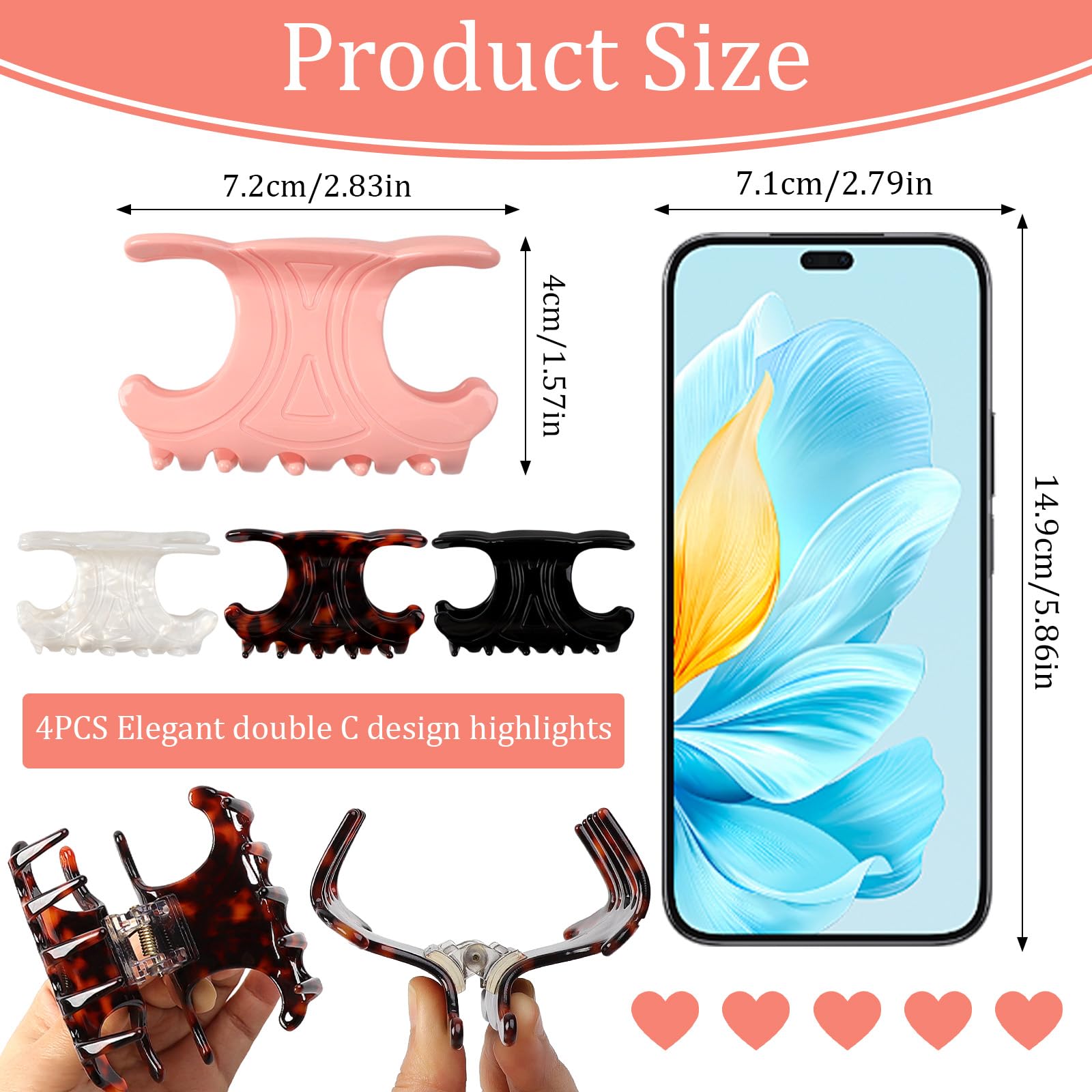 4 Stück Haarklammer,7.2x4cm Acetat Krabbe Haarspange,Rutschfeste Krallenclips Starker Halt Haarspangen Damen,Französischer Haarklammern für Damen und Mädchen Büro Bad Alltag Styling
