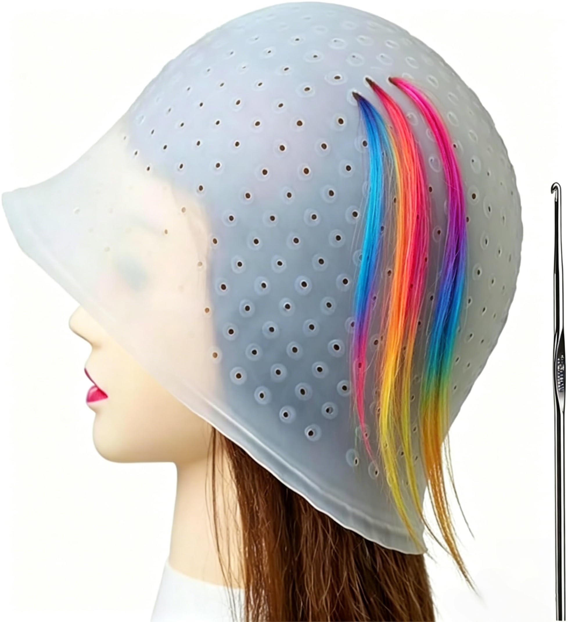 Cuffia in silicone con fori preforati, riutilizzabile, professionale, unisex, con gancio per raccogliere i capelli, per colorare i capelli, tintura, uso in salone e a casa (bianco, 1 pezzo)
