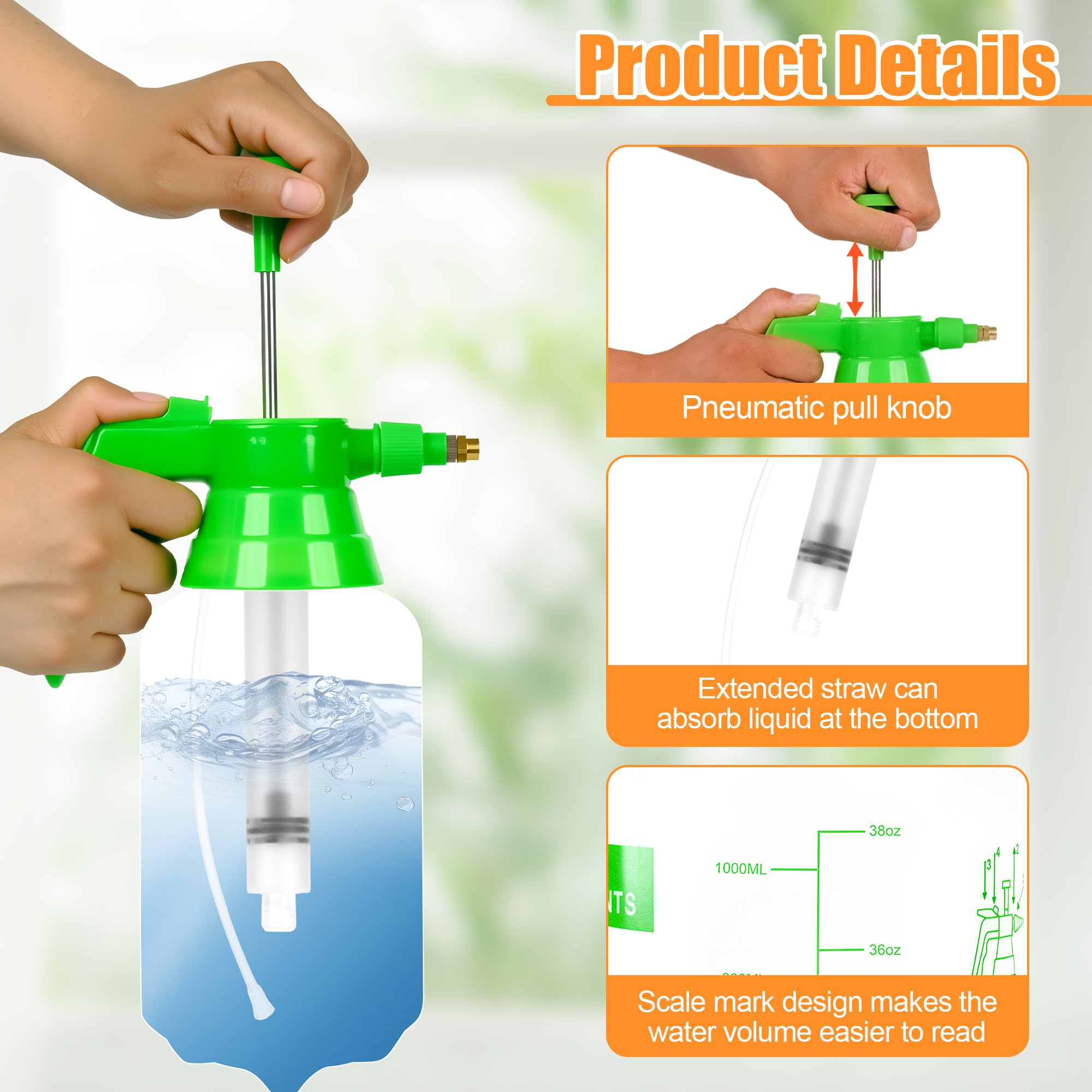 3 pulverizadores de bomba de mano de plástico de 1/4 galón, pulverizador de presión de jardín con boquilla ajustable para plantas, limpieza, tareas domésticas, color verde