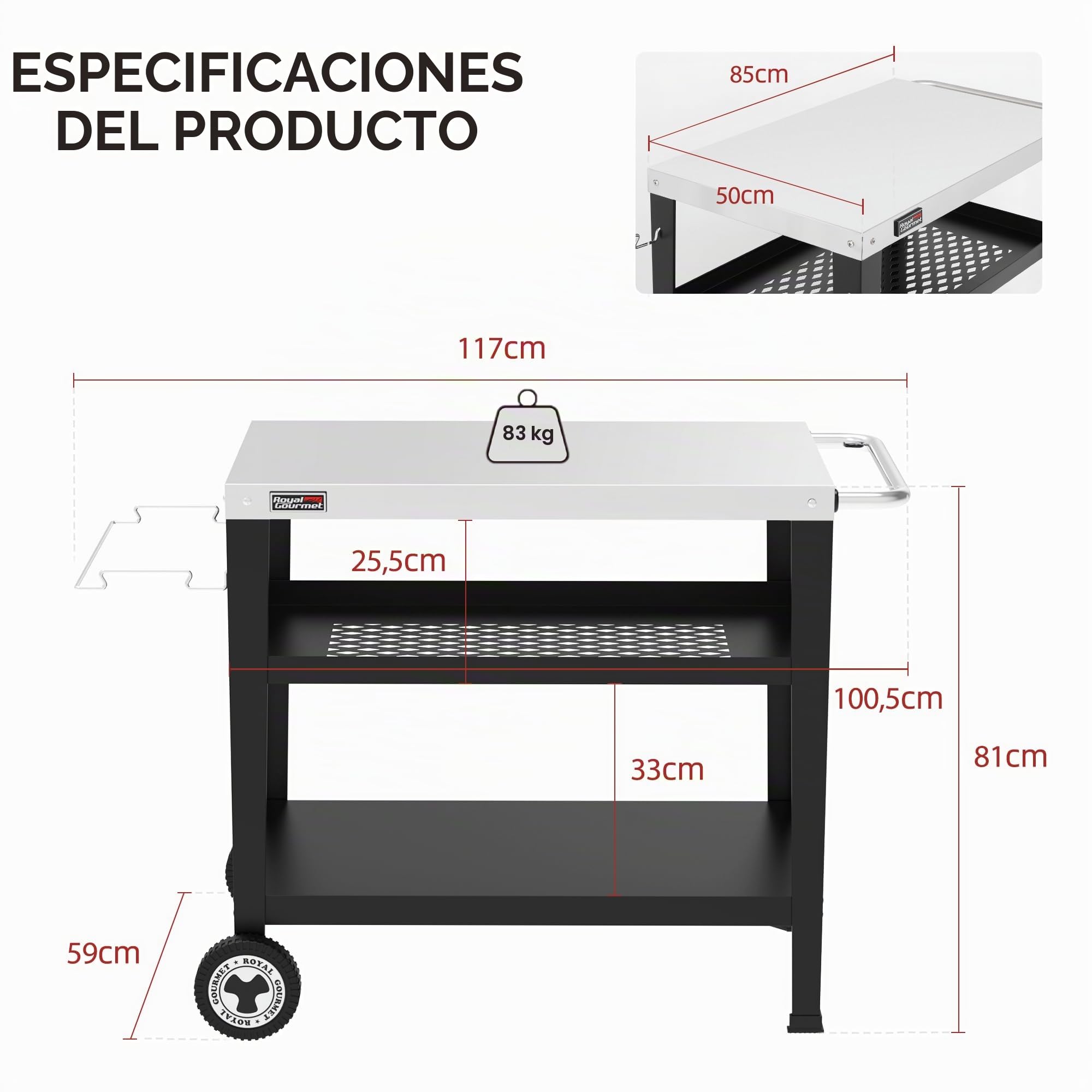 Royal Gourmet Carro de Servir de 3 Niveles con Soporte para Bolsas de Basura, Carrito de Cocina, de Acero Inoxidable, Mesa Auxiliar para Exteriores, Plancha, Mesa de Barbacoa, Carrito con Ruedas,