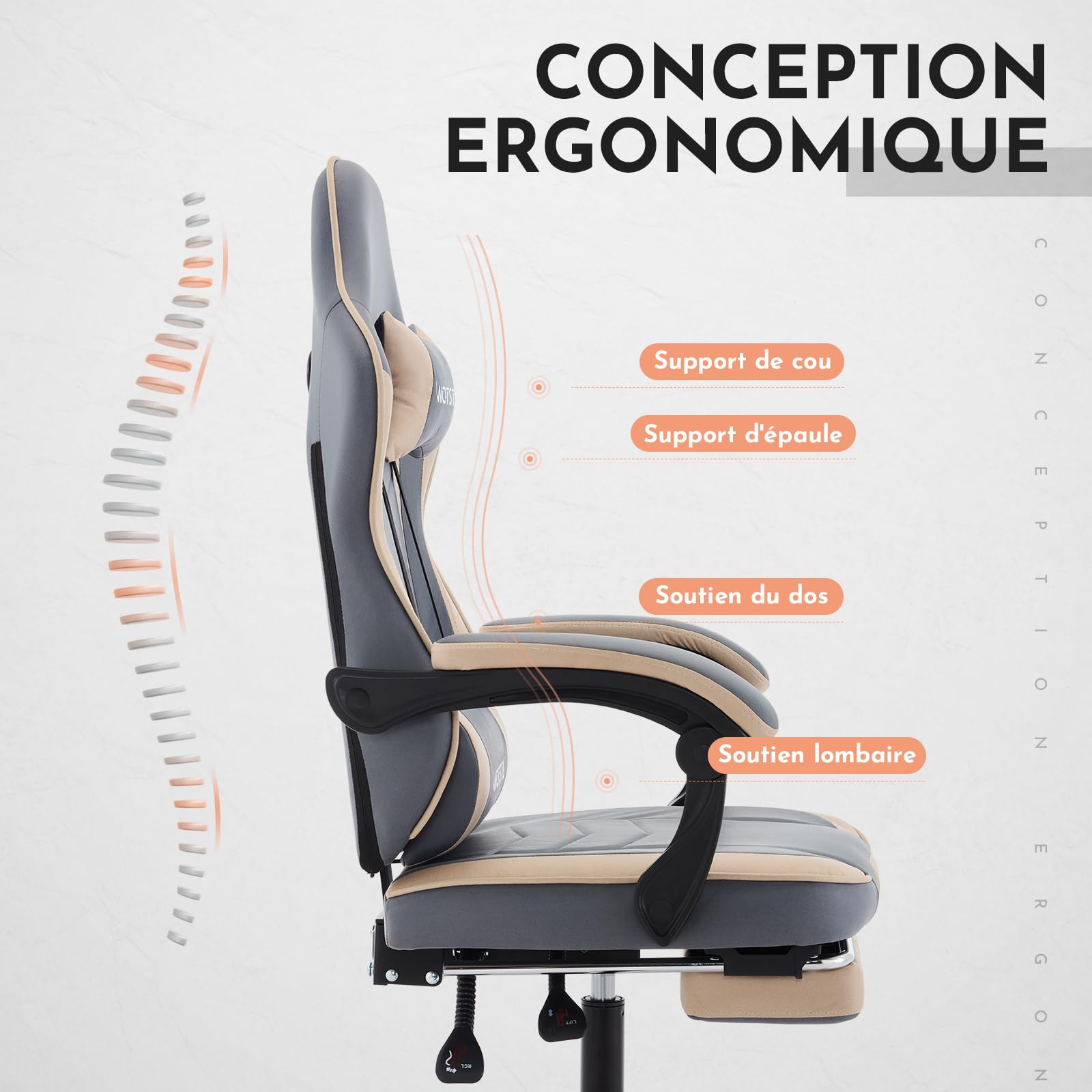Chaise Gaming Racing, Siege Gaming Repose-Pieds Rétractable, Fauteuil Gamer avec Massage Lombaire, Fauteuil Bureau Ergonomique Confortable, Dossier Inclinable à 135°, Charge 120 kg