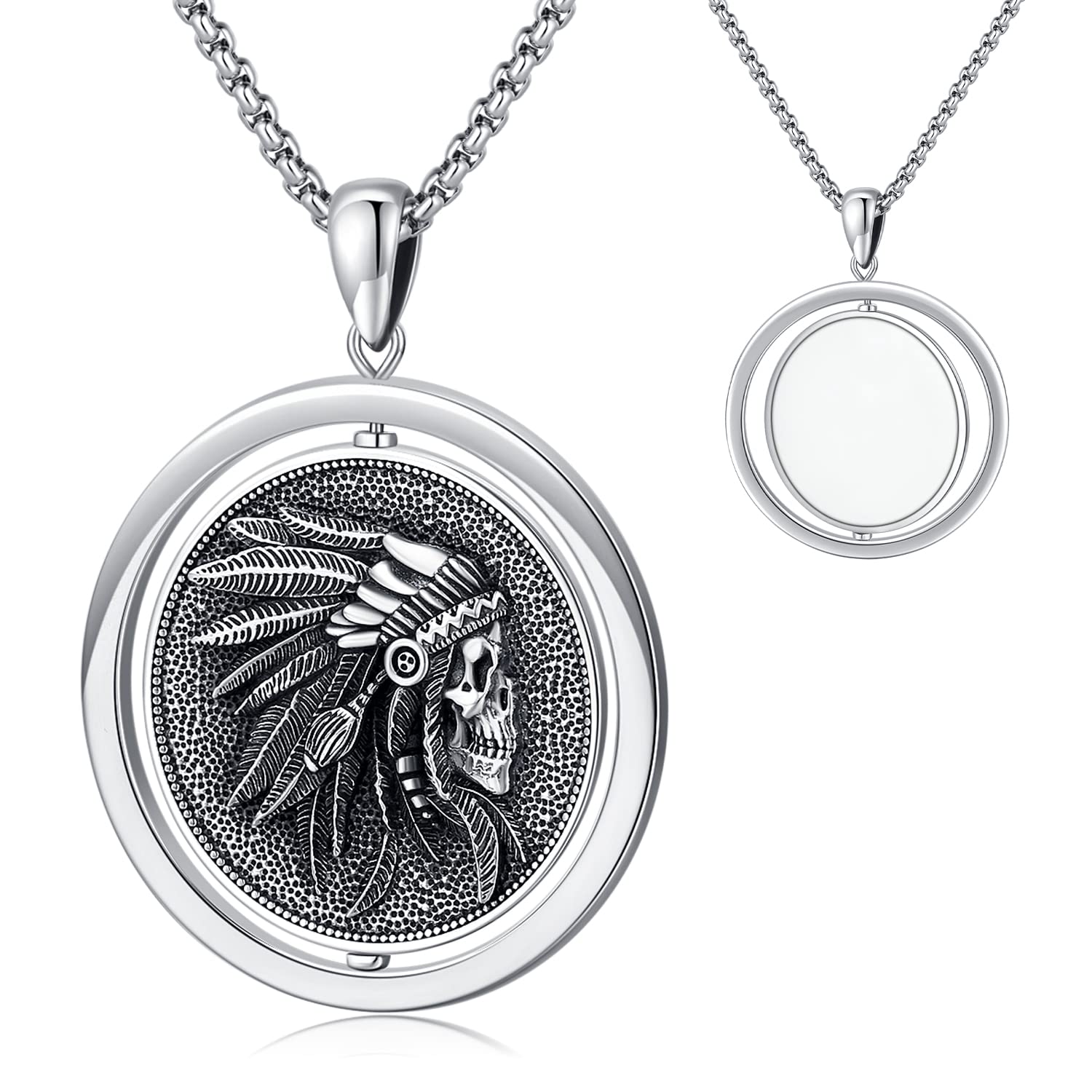 TwoAntsNative American Necklace Sterling Silver Indian Chief Tribal Pendant  Necklace Spinning Personalized Custom Photo Necklace Punk Skull Jewelry