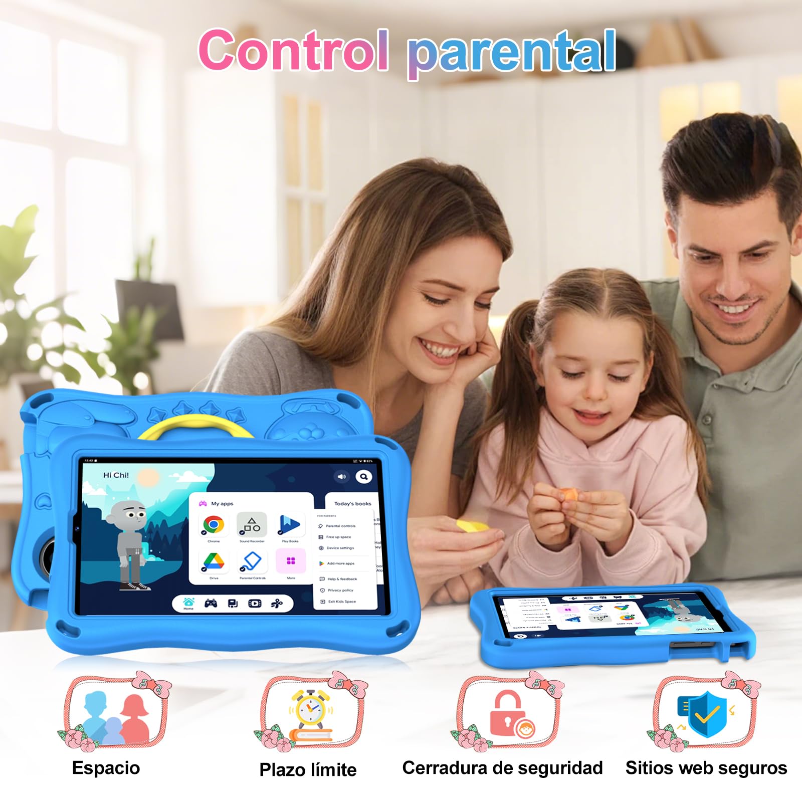 Tablet para niños 9 pulgadas Android 15 12 GB RAM 1 TB TF 5G WiFi Widevine L1 Octa-Core 5000 mAh control parental funda Eva Azul