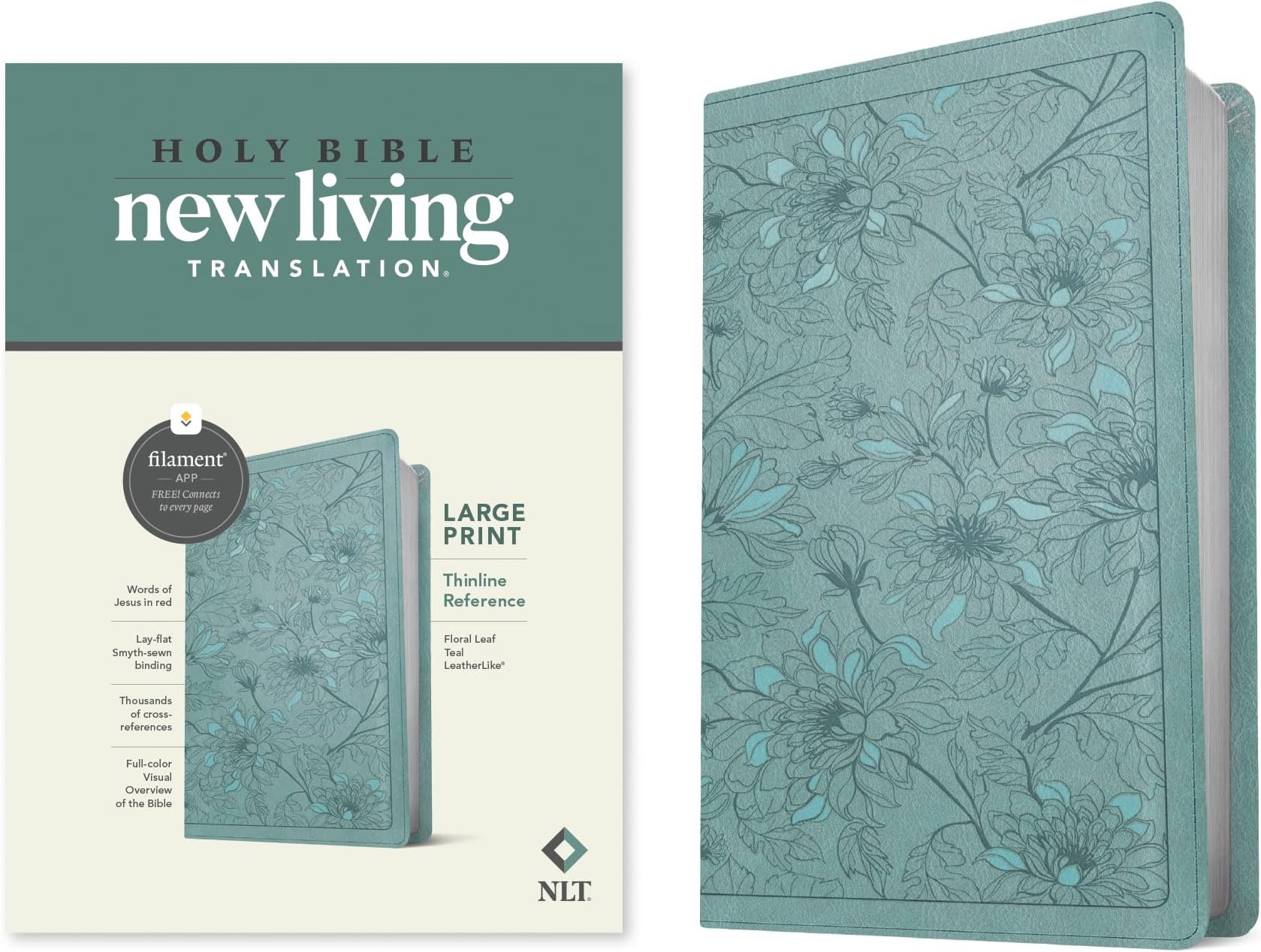 NLT Large Print Thinline Reference Bible, Filament-Enabled Edition (LeatherLike, Floral Leaf Teal, Red Letter)