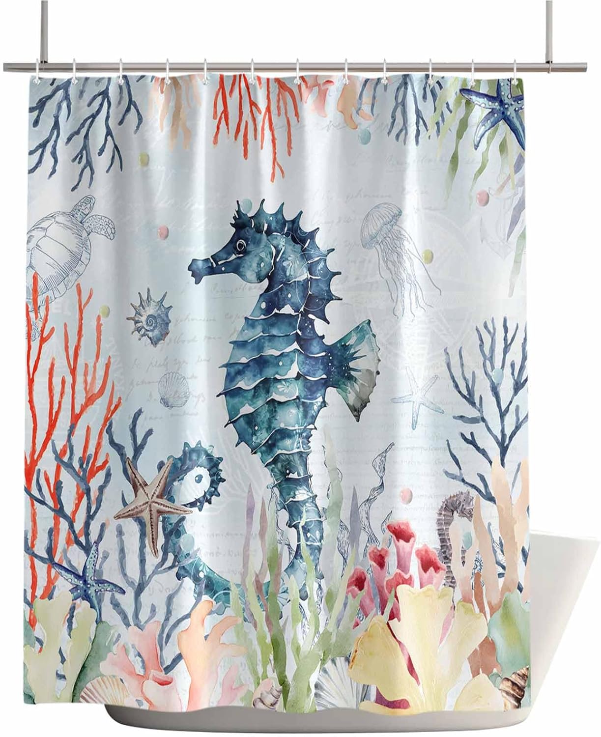 Blue Seahorse Coastal Waterproof Shower Curtains Set - Extra Long 72 x 84 Inch, Summer Nautical Coral Conch Polyester Fabric Bathroom Curtain with 12 Hooks, Bathroom Accessories, 1 Panel