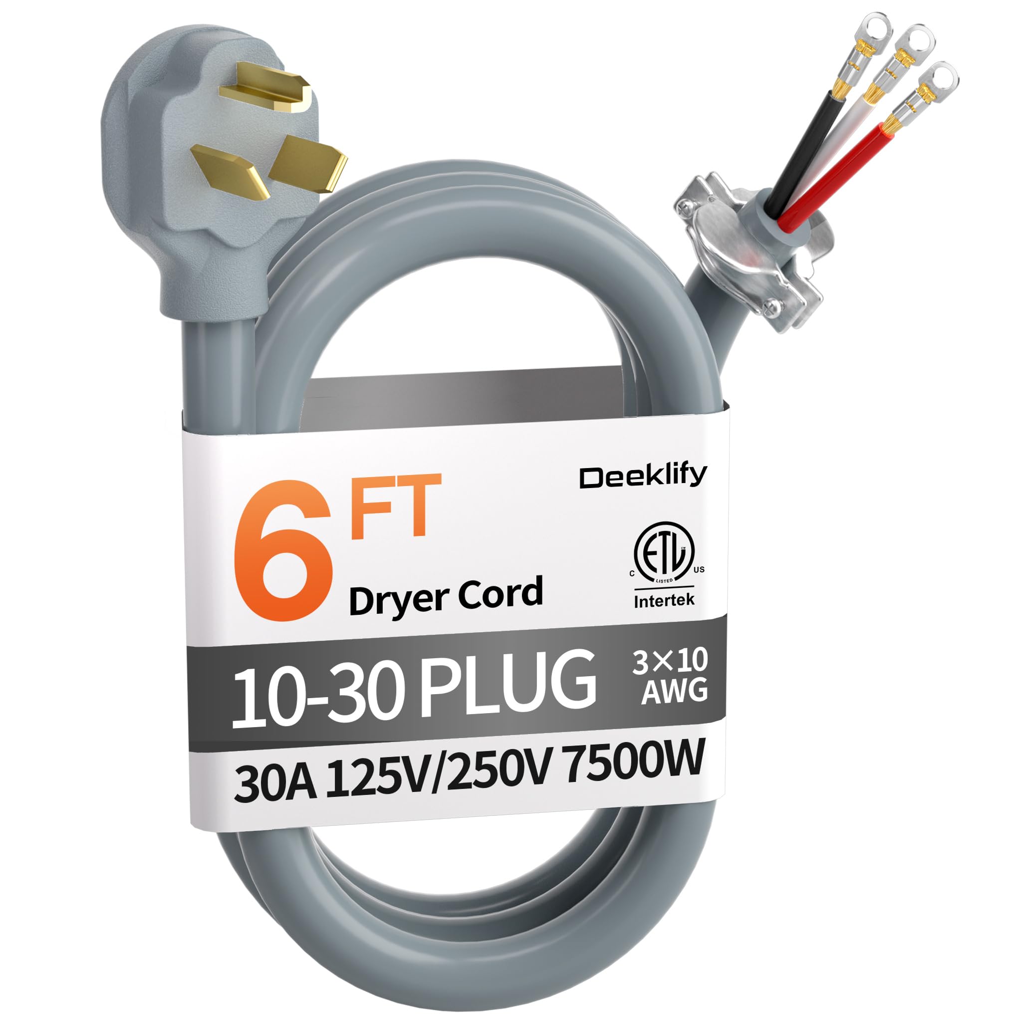 Photo 1 of Deeklify 6FT 3 Prong Dryer Cord, Pure Copper, NEMA 10-30P Plug, ETL Listed