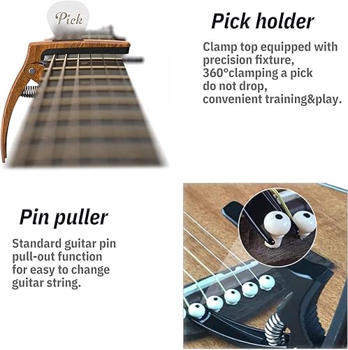 Miniatura 6 de Cejilla de guitarra 3 en 1 para guitarras acústicas y eléctricas, paquete de 2 (con soporte para púas y 6 púas), ukelele, accesorios de cuerdas