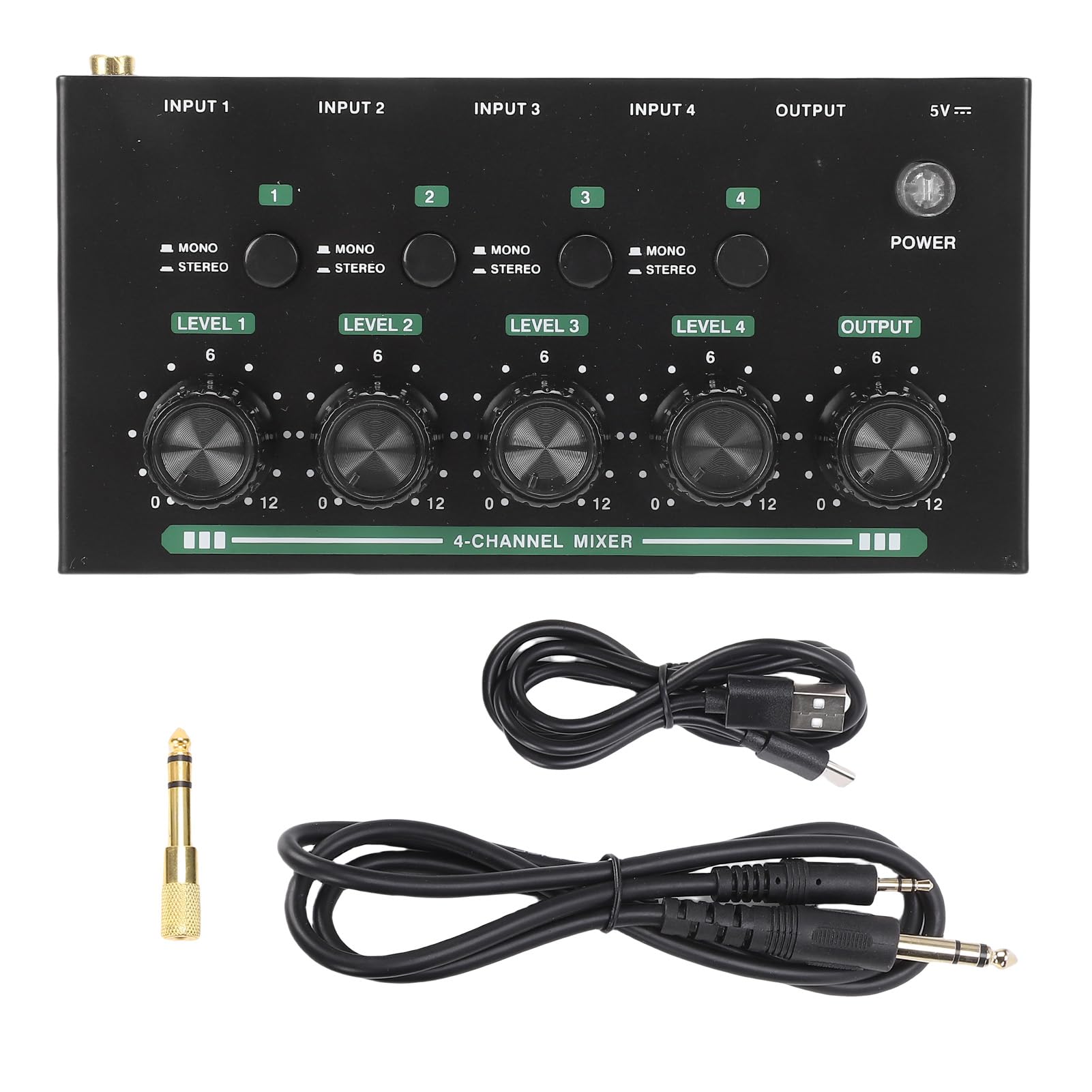 EBTOOLS 4 Channel Mixer, Stereo And Mono Switching, Low Noise, Usb Power Supply, 1/4in Trs, Sturdy Metal Casing, Compact Sound Mixing Console, for Performance, Band, Plug and Play