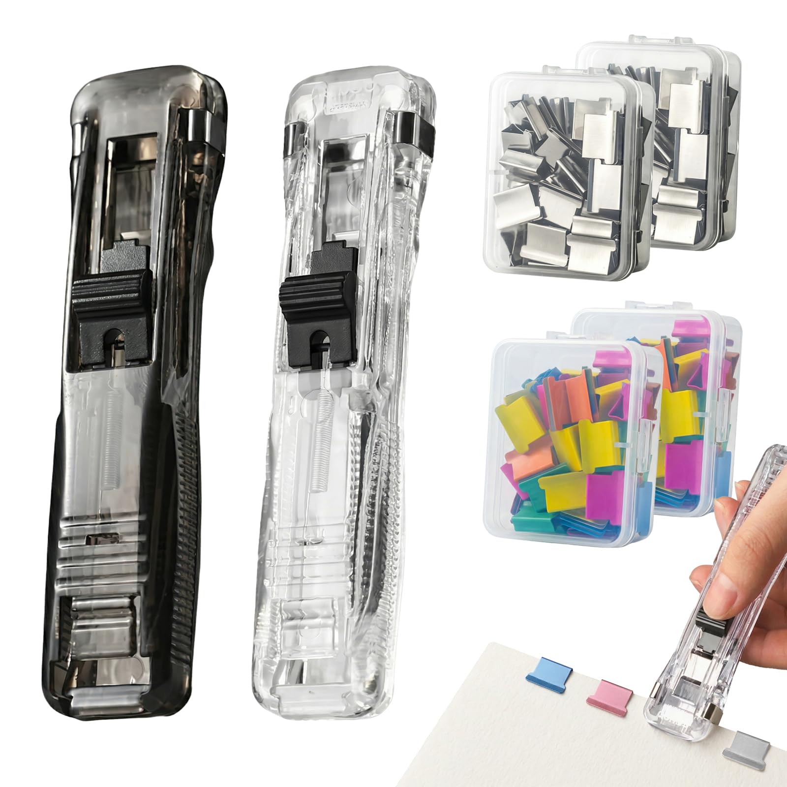 2026 Neue 2 Stück Reusable Creative Stapler,Hefter,Klammerloses Heftgerät,mit 200 Stück Wiederverwendbare Heftklammern, Portable Binder Clip Stapler, Nachfüllbarem Hefter und Klammerspender-Set