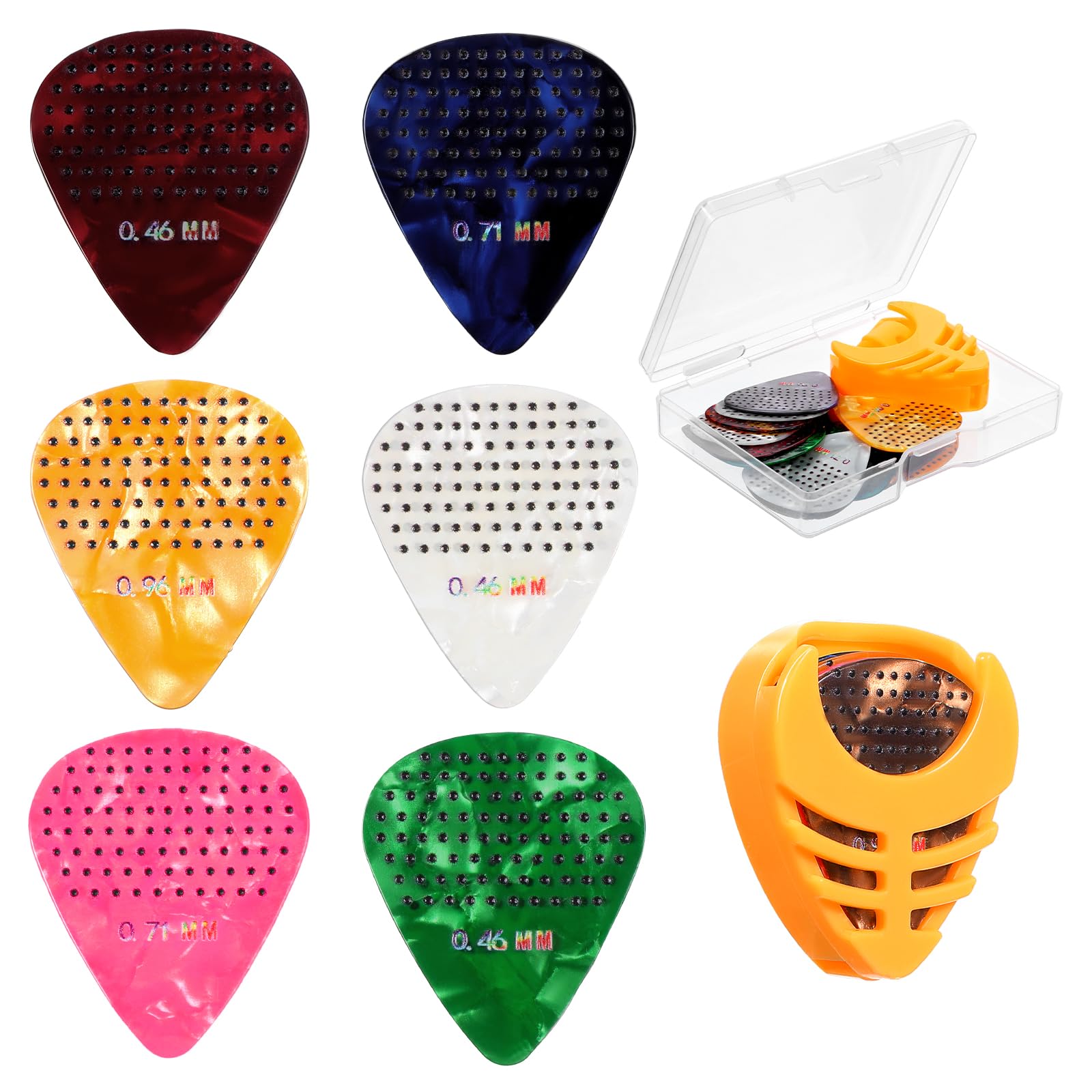 Qianyu 15 Pcs Celluloid Guitar Picks with Organizer Storage Box 0.46 0.71 0.96mm Includes Thin Medium Heavy Thickness Variety Colorful Celluloid Plectrums for Bass Electric Acoustic Guitars Ukulele