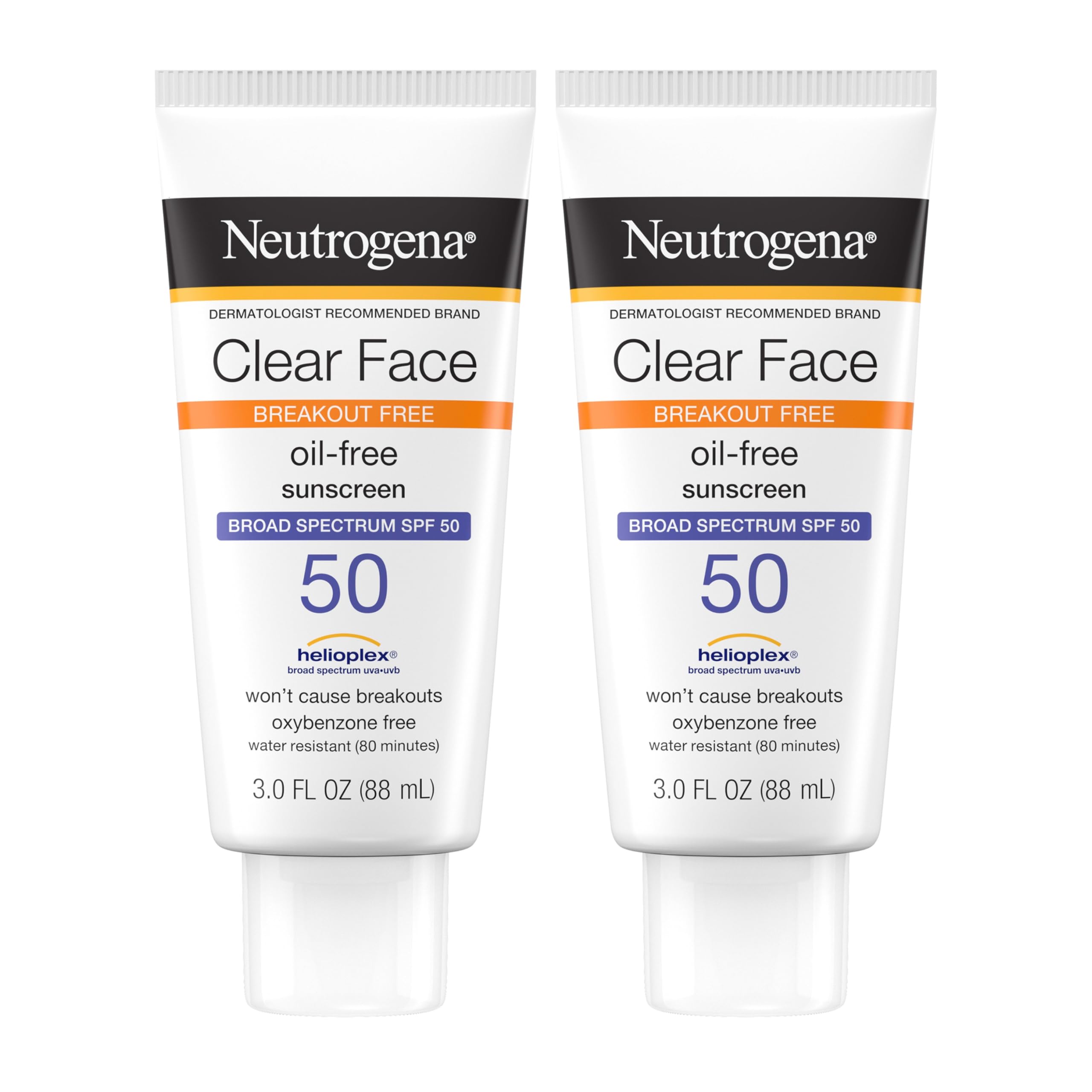 Neutrogena Clear Face Sunscreen Lotion for Acne-Prone Skin, Broad Spectrum SPF 50 Facial Sunscreen for Oily Skin, Oil-, Fragrance- & Oxybenzone-Free Water Resistant Sunscreen, Twin Pack, 2 x 3 fl. oz