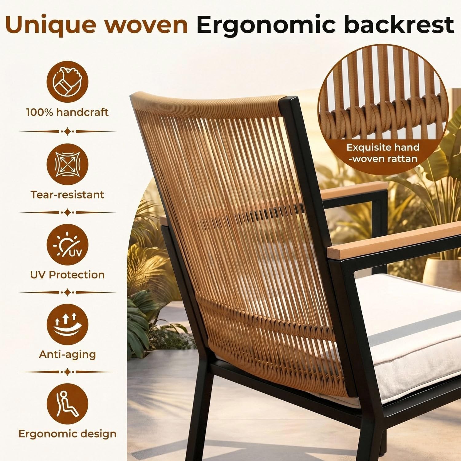Clevich 2er Set Rattan Gartenstühle, Outdoor Stühle, Beige