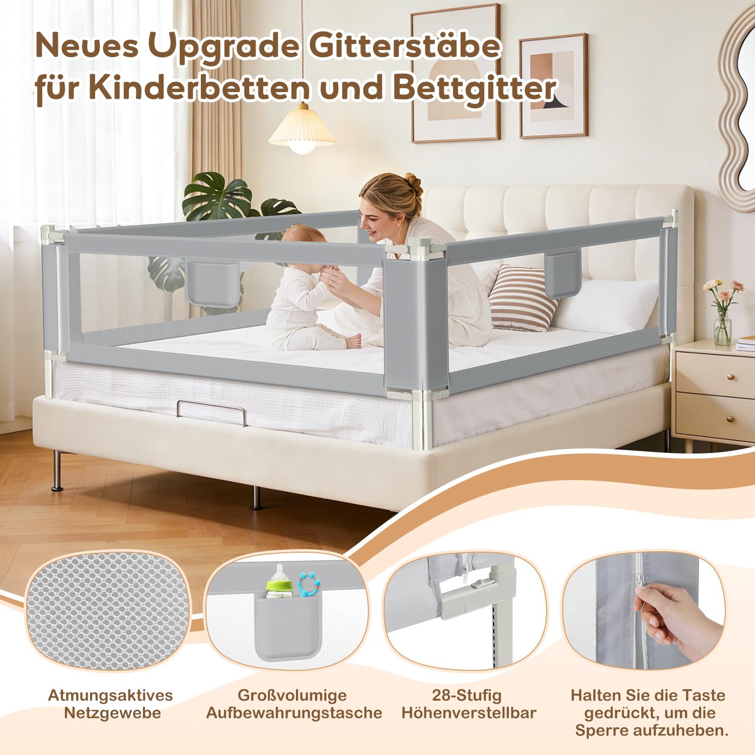 Tubiaz Bedhekje van 200 cm, uitvalbeveiliging, kinderbedhek, in hoogte verstelbaar, 64-96 cm, bedhekje voor peuters, babybedhek met luchtig net, veilig, gemakkelijk te monteren, grijs