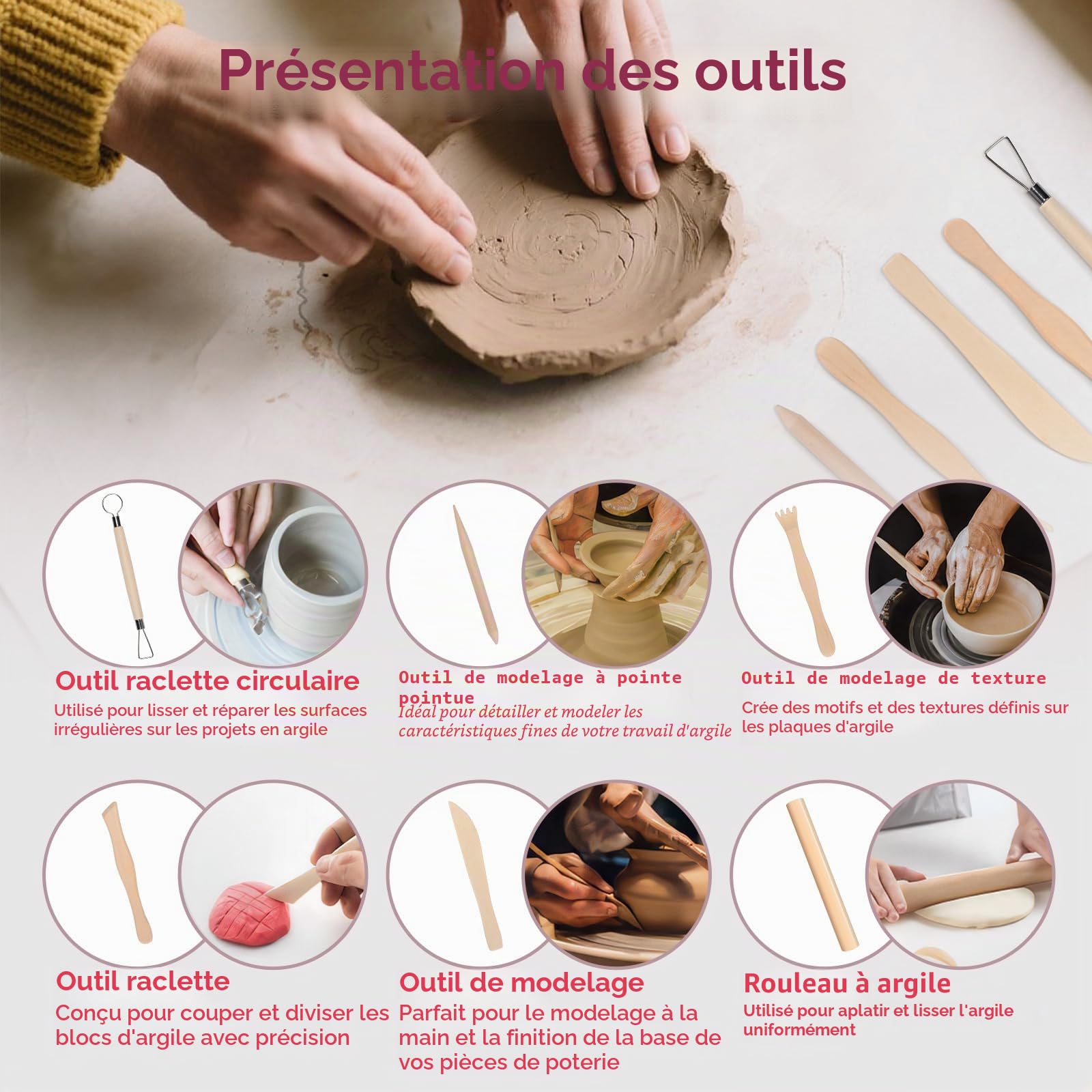 WildFun Kit de poterie pour la maison [incl. 2 kg d'argile] - 24 pièces de kit de bricolage pour la poterie pour adultes incl. jeu d'outils, couleurs & tampons - sèche à l'air, ne brûle pas