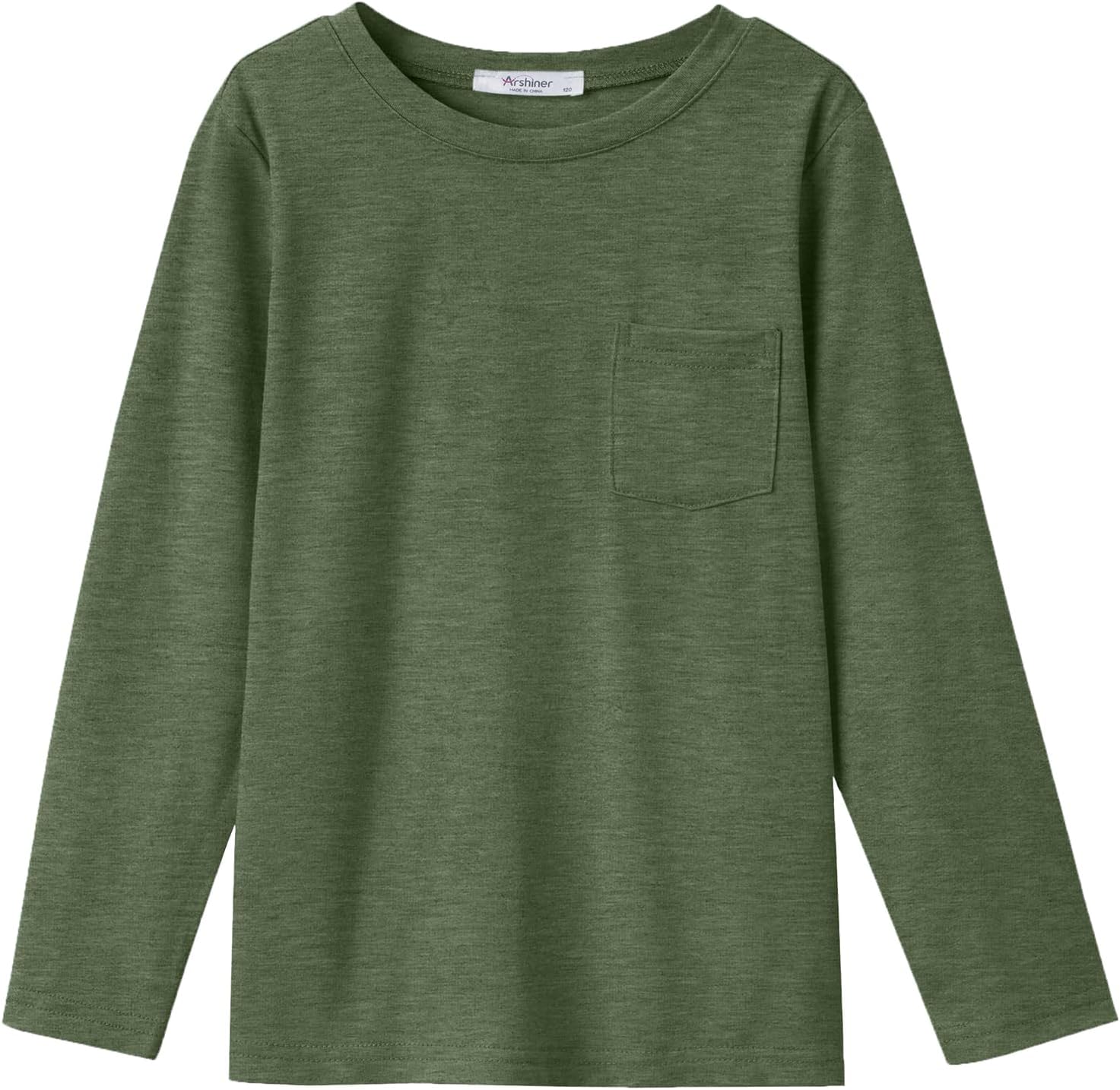 Arshiner Boys Long Sleeve Shirts Casual Crewneck T Shirt Solid Tees Tops with Chest Pocket for Kids 5-12 Years