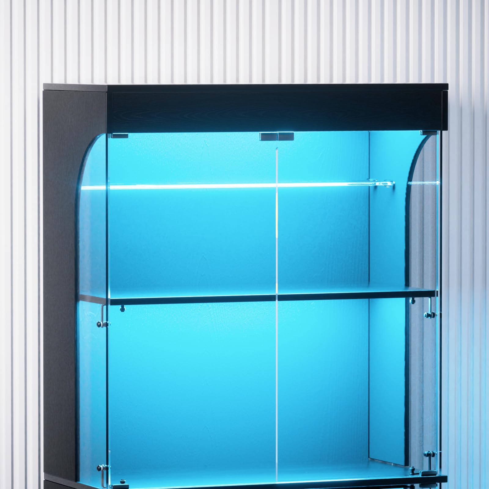 Vitrine de pie con LED, vitrina de pie de vidrio con 6 estantes y 4 puertas de vidrio con sensores inteligentes, armario con vitrina, armario de vidrio a prueba de polvo adecuado para sala de estar