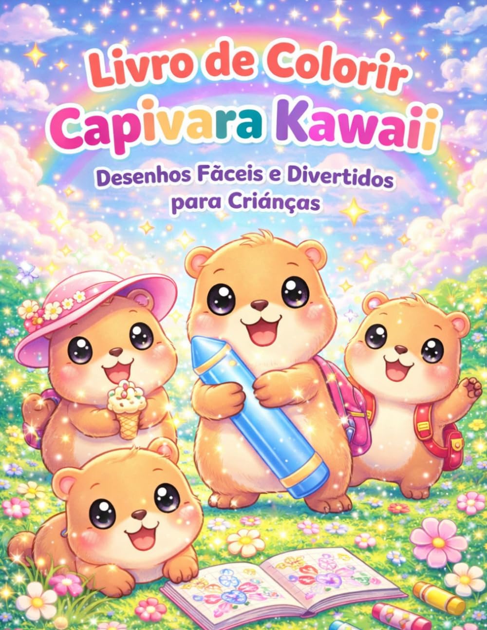 Livro de Colorir Capivara Kawaii: Desenhos Fáceis e Divertidos para Crianças