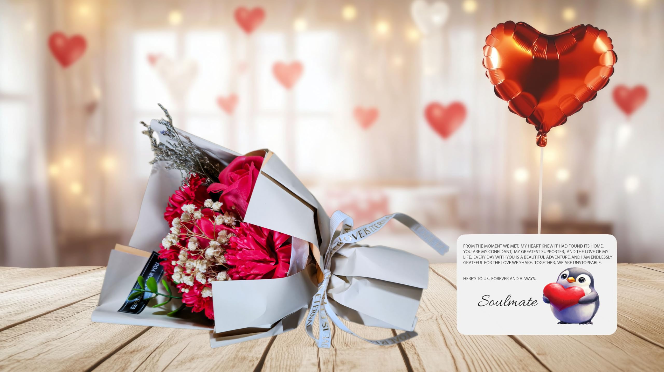 Bouquet de fleurs de savon rose avec carte en aluminium de qualité supérieure « To My Soulmate » - Cadeau idéal pour la Saint-Valentin, un anniversaire ou un anniversaire pour petite amie, épouse,