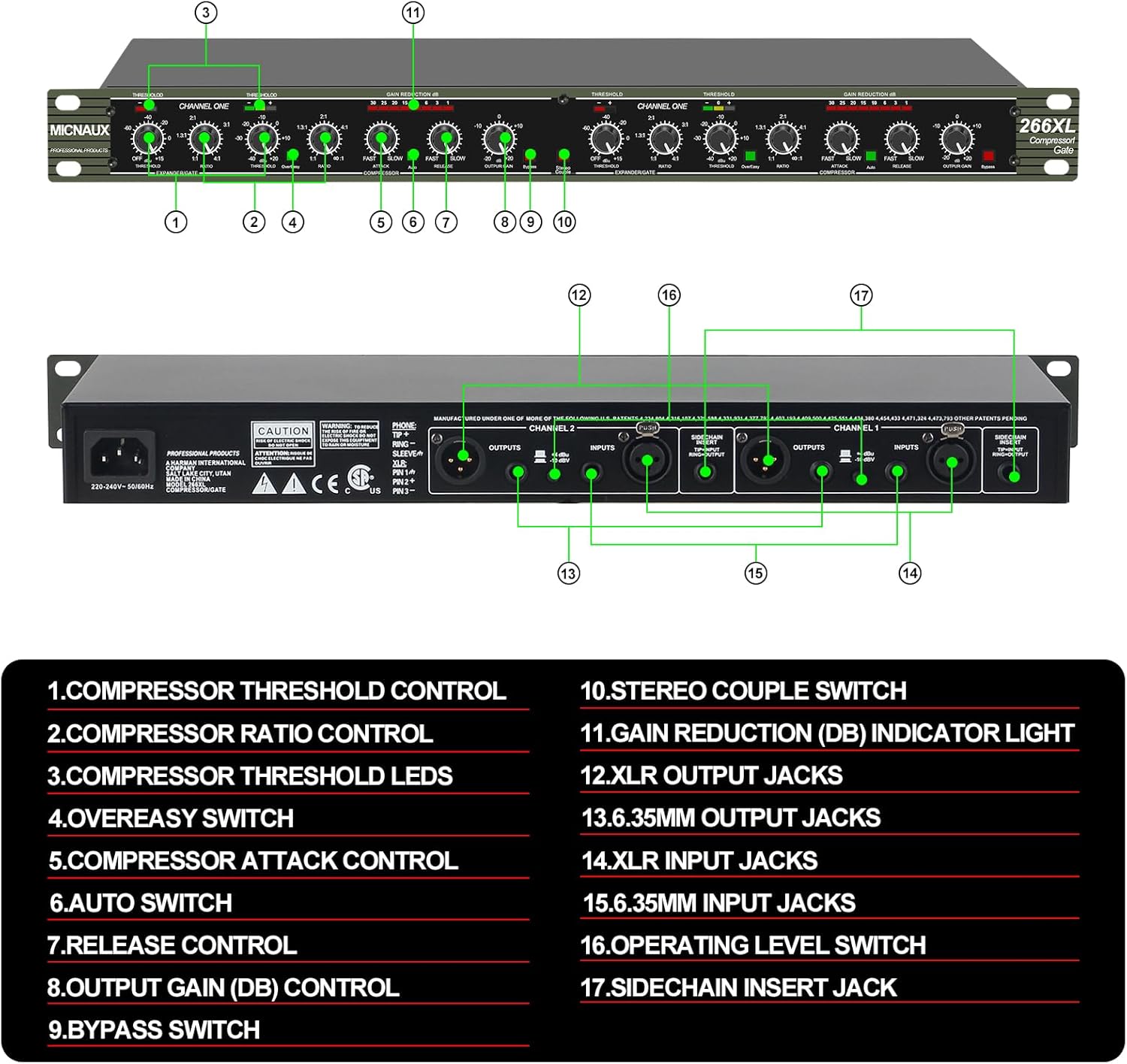 Audio Compressor, Professional Dual-Channel Black Dynamic Processor with Noise Gate & Sidechain Insert for Studio, Live & Streaming – 1U Rackmount, XLR/TRS Inputs