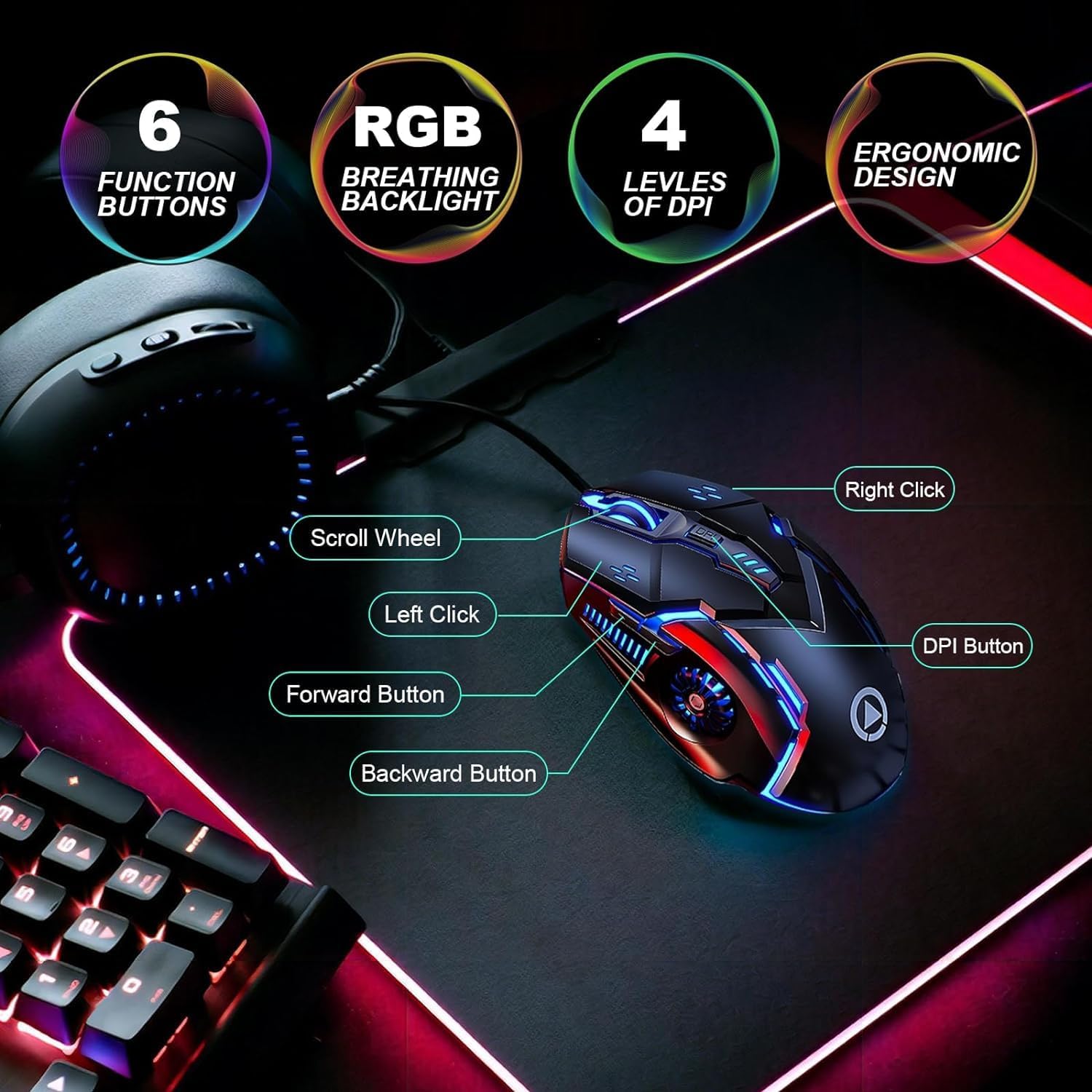 CHONCHOW Silent Click Mouse przewodowa mysz do gier, 6 przycisków, 4 DPI do 3200 DPI, światła RGB, kompatybilność z komputerem PC/laptopem/Mac, przewodowa mysz używana do gier i biura (czarna (ciche