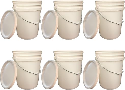 5-Gallon Food-Grade Buckets with Lids 6-Pack, White BPA-Free, Commercial-Grade Plastic, Includes Free Bucket Opener Tool
