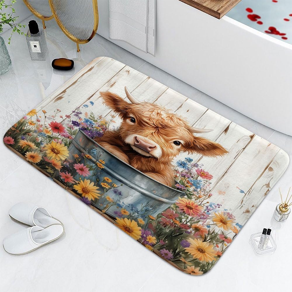 4 Piece Farmhouse Rustic Floral Funny Highland Cow Style Shower Curtain Sets, Western Cute Calf Country Farm Animal with Non-Slip Rugs, Toilet Lid Cover and Bath Mat, Shower Curtain with 12 Hooks
