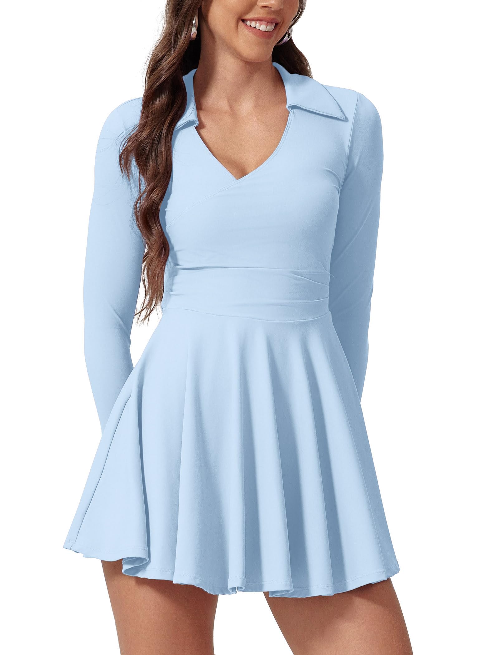 ABEHIK Women's Tennis Dress 2-in-1 with Built in Shorts Long Sleeve V Neck  | eBay