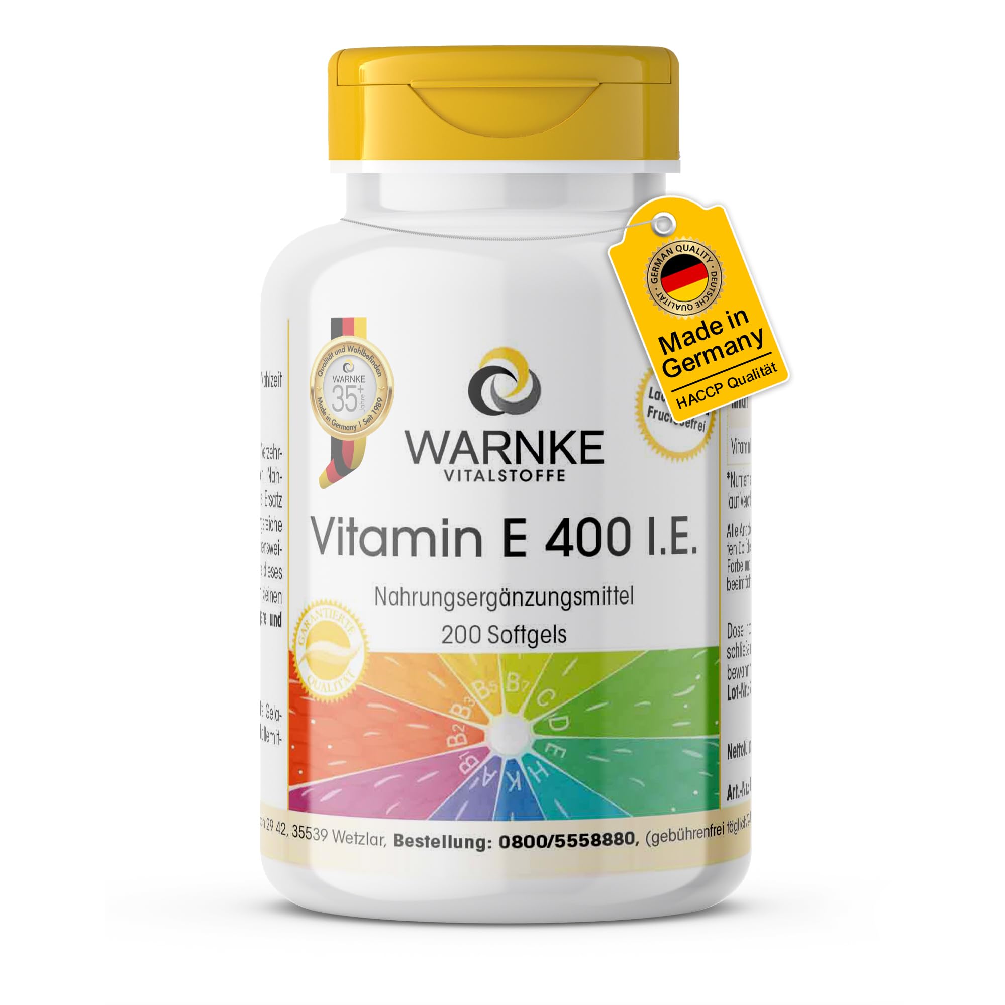 Vitamin E 400 I.E. - 200 Softgels für 200 Tage - schluckfreundlich, Antioxidans, Großpackung | Warnke Vitalstoffe - Deutsche Apothekenqualität
