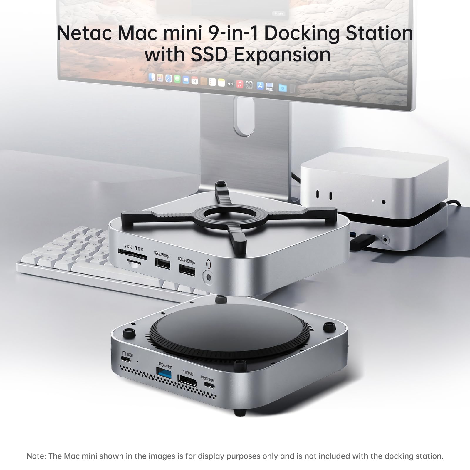Netac Mac mini M4 Hub e supporto 9 in 1 con alloggiamento NVMe SSD da 10 Gbps (fino a 8 TB), dock con USB 3.2 x 2 e USB 2.0 x 2, porta 4K 240Hz DP 1.4 / audio 3,5 mm / audio 3,5 mm, SD/TF